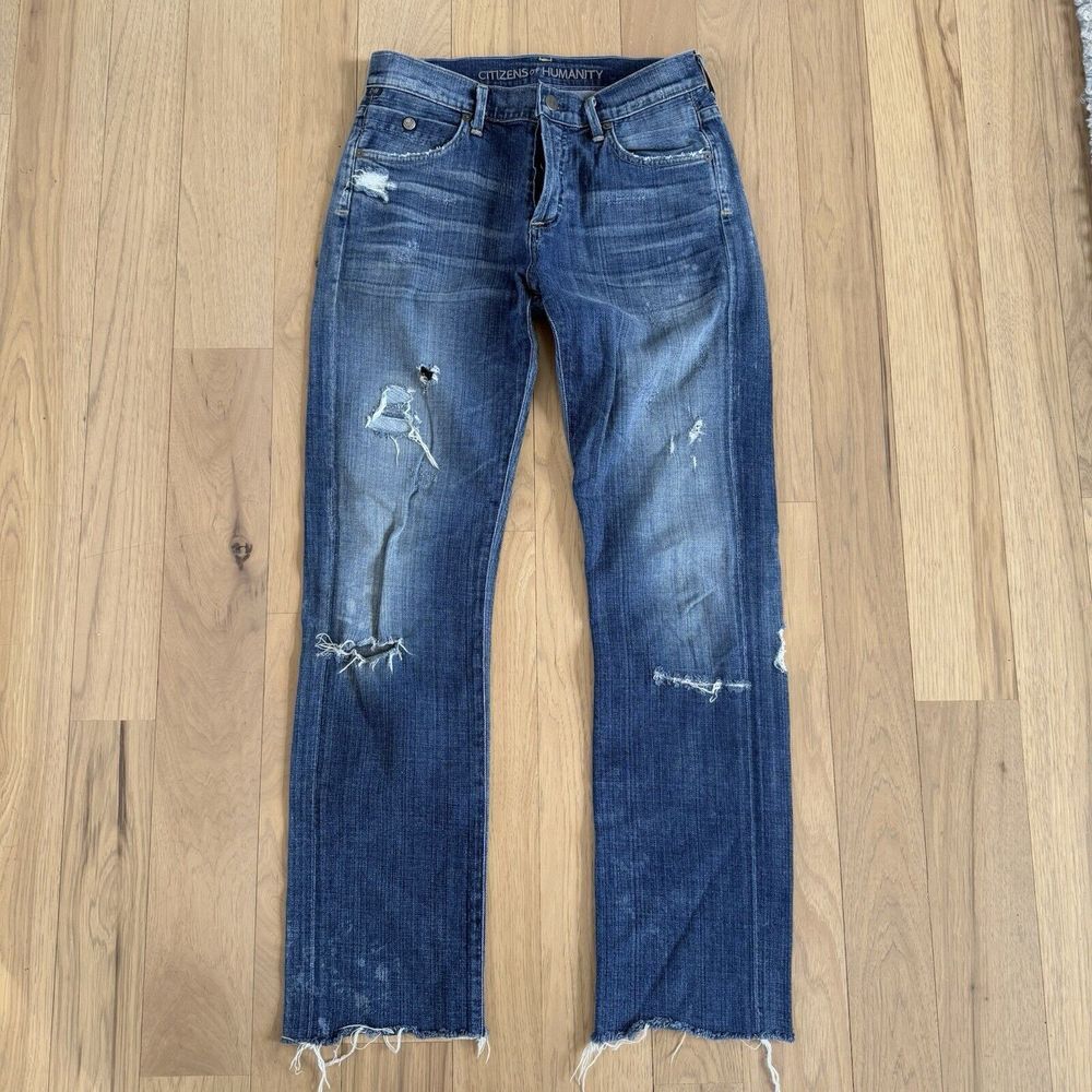 Citizens of Humanity Straight Jeans Sz 24 High Rise Button Fly Distress 30" $238